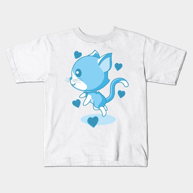 Blue kitten and hearts. Kids T-Shirt by FunawayHit